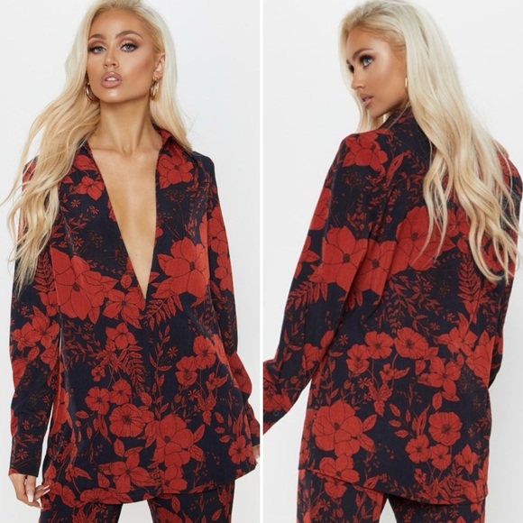 PRETTYLITTLETHING Long Sleeve Deep V Neck Red Floral Oversized Top Size 2 Fall - Picture 1 of 16
